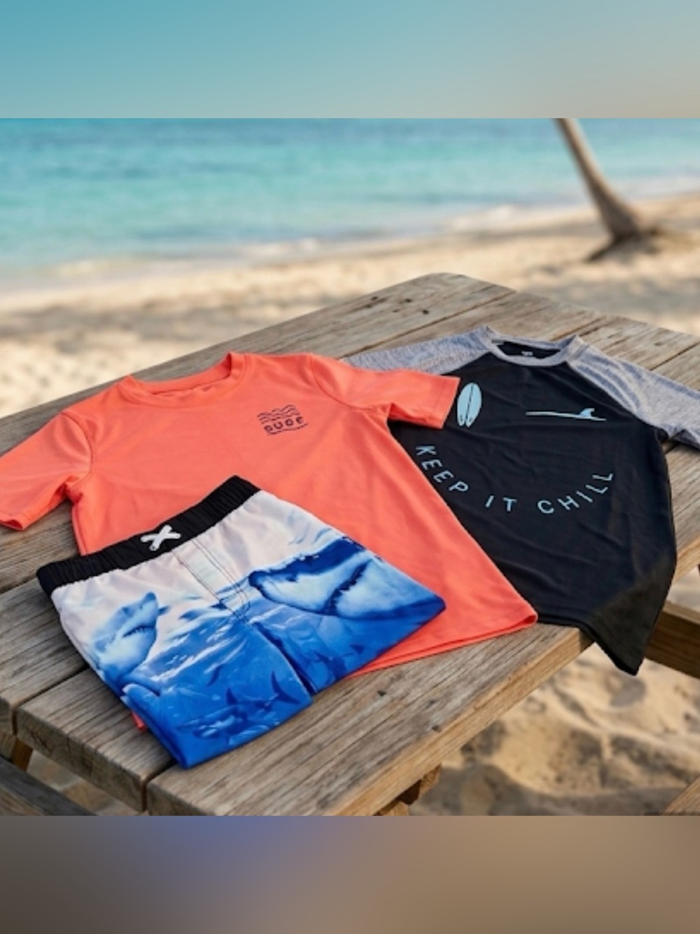 Boys Swim Bundle - 2 Rash Guard Shirts & Shark Print Trunks - Size L & XL